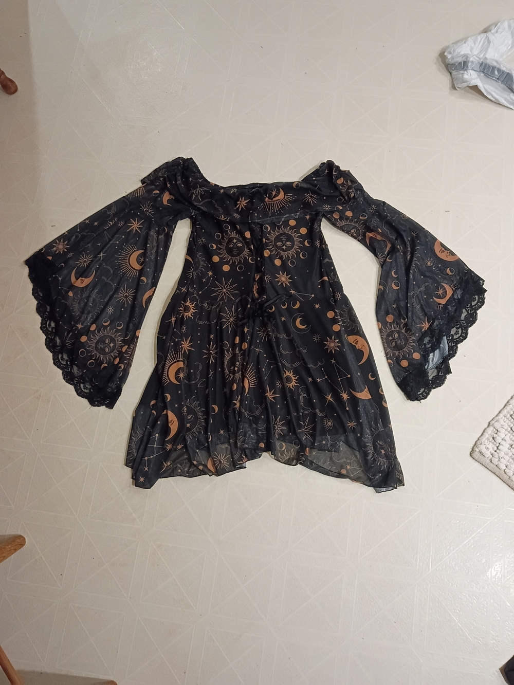 Off-Shoulder Black Tunic Dress with Copper Celestial Print